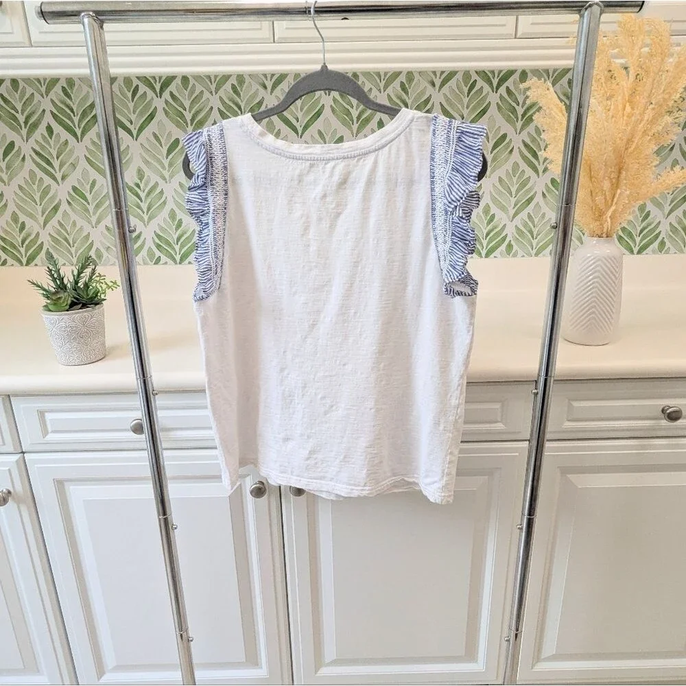 Jane + Delancey White Tee Frill Ruffle Sleeve Top M Coastal Granddaughter Preppy - Picture 9 of 9